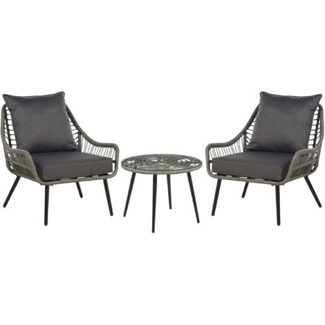 Set Table et 2 Fauteuils en Polyrotin Verre de Sécurité et Acier Gris Laureto (1/5)