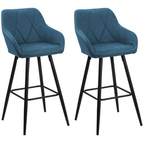 Beliani – Lot de 2 tabourets de bar en tissu bleu – Pieds en métal noir – Hauteur d'assise 74 cm – Style glamour pour cuisine ou salle à manger