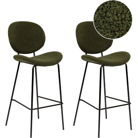 Beliani – Lot de 2 chaises de bar rembourrées en tissu bouclé vert foncé – Hauteur d'assise 75 cm – Pieds en métal pour stabilité (1/5)