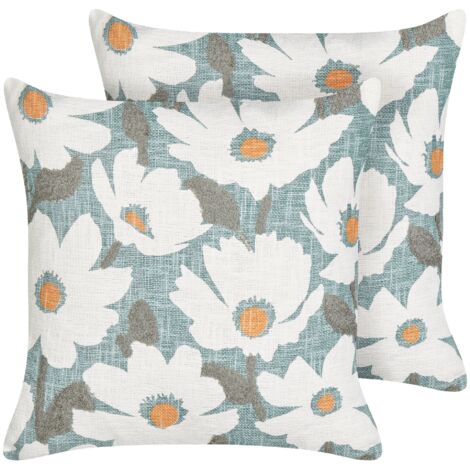 Lot de 2 Coussins Décoratifs en Coton Bleu à Motif Floral 45 x 45 cm Rembourrés Jatropha (1/5)