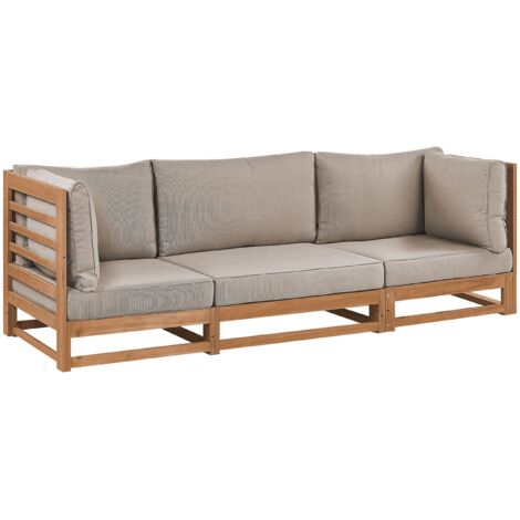 Canapé de Jardin 3 Places en Bois d'Acacia Certifié Ton Clair et Coussins Gris en Polyester Trani (1/5)