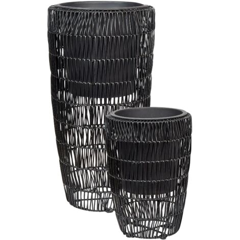 Lot de 2 Pots de Fleurs en Polyrotin Noir et Acier Intérieur et Extérieur Trou de Drainage Chelone (1/5)