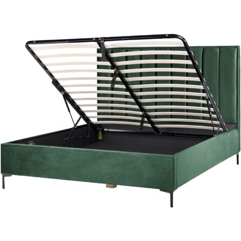 Lit Coffre Double 180 x 200 cm en Velours Vert Foncé Métal et Bois Tête de Lit Haute Sezanne (1/5)