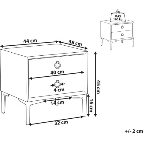 Table De Chevet 2 Tiroirs Avec Tête De Lit, Velours Gris, Mdf Et Métal - Table de chevet