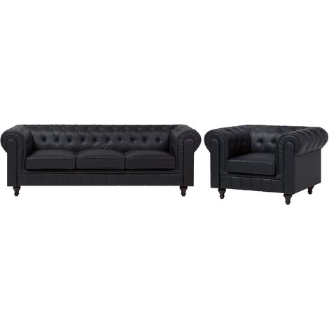 Ensemble Canape Et Fauteuil En Simili Cuir Noir 4 Places Chesterfield Big