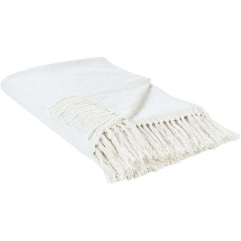 Couvre-Lit Couverture en Coton 220 x 240 cm avec Franges Blanc Ampara (1/5)