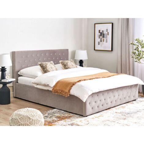 Lit Double 180x200cm Avec Sommier Intégré - Tissu Gris - Stable Avec Renfort Central