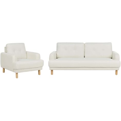 Ensemble de Salon Rétro Minimaliste en Tissu avec Fauteuil et Canapé Pieds en Bois Blanc Cassé Tuve (1/5)