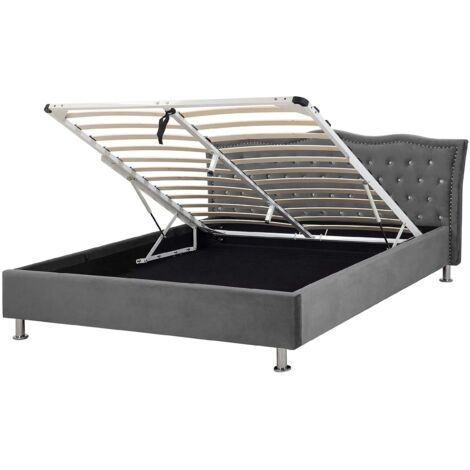 Lit 160x200 Cm Avec Rangement - Velours Gris Clair - Tête Capitonnée - Beliani