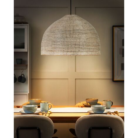 Lampe à Suspension à Abat-Jour en Rotin Coton et Polyester Blanc et Naturel Mantua