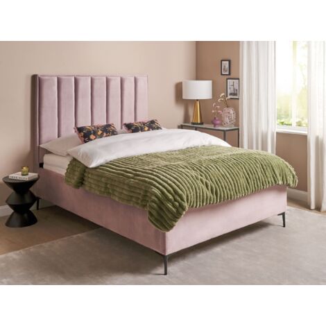 Lit Double 160x200 Cm Velours Vieux Rose SAGALI - Tête De Lit Ondulée, Pieds Métal Doré, Sommier Lattes Inclus