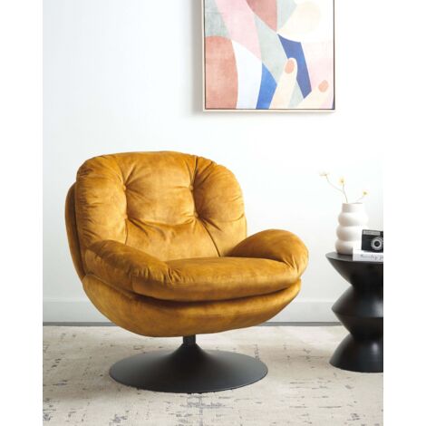 Fauteuil Pivotant Vintage En Velours Jaune - Assise Rembourrée, Base Métal - Décoration Salon Glamour Années 70