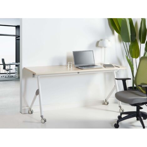 Bureau Pliant Beliani BENDI - 160x60 Cm - Roulettes - Cadre Métallique - Bois Clair