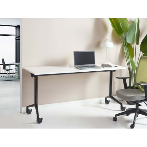 Bureau Pliable avec 3 Tiroirs, Table d'Écriture Roues Verrouillables, Bureau à Domicile Roulant avec Cadre en Métal, Naturel