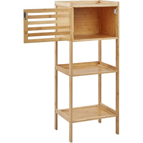 Armoire Basse En Bambou Avec Porte En Rotin - 4 Niveaux, Rangement Salle De Bain, Entrée, Salon