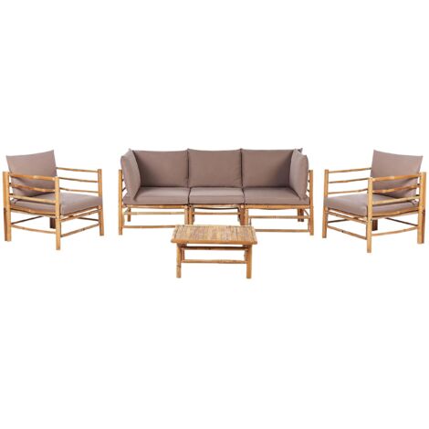 Ensemble de Jardin Boho Canapé avec 2 Fauteuils Modulable avec Table Basse en Bambou et Coussins Taupe Cerreto (1/5)