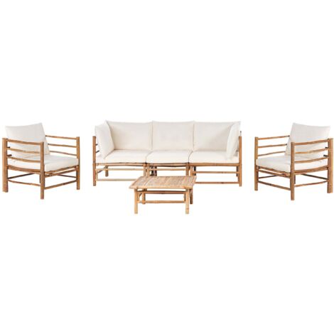 Ensemble de jardin 6 places en bois clair coussins blanc cassé JAVA