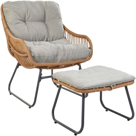 Chaise de Jardin en Rotin PE avec Pouf Repose-Pieds Ottoman Coussins Gris Naturel Mestre (1/5)