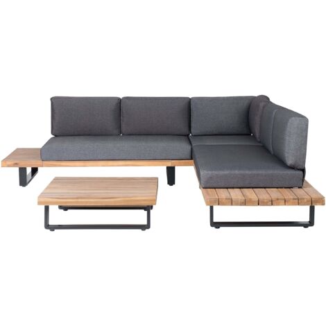 Beliani – Salon de jardin 5 places en bois d'acacia – Canapé d'angle modulaire avec coussins gris – Table basse 82x82cm – Résistance UV (1/5)
