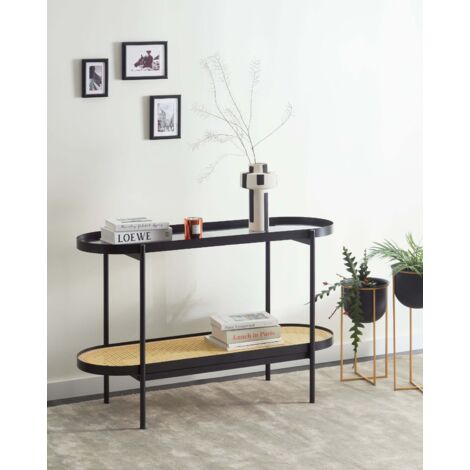 Table Console Moderne Noire Avec Plateau Bois Et Cadre Acier - Meuble étroit Pour Entrée, Salon Ou Couloir