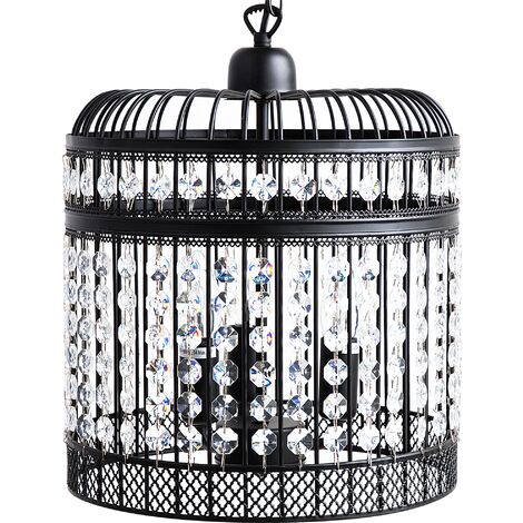 Lampe Suspension Cage à Oiseaux en Acier Noir Orné de Cristaux E14 40W A++ Design Glamour et Urbain pour Salon Chic ou Salle à Manger Moderne Beliani - Noir