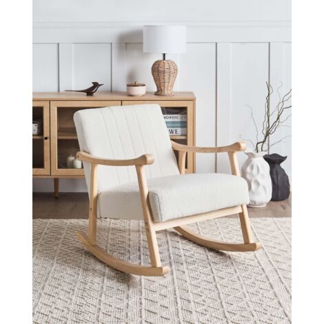 SONGMICS HOME Fauteuil à Bascule Blanc Crème - Pieds Hévéa, Tissu Peluche, Dossier 4 Positions