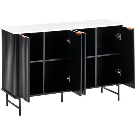 Buffet Strié 4 Portes - Bois MDF Et Pièds En Métal Doré - Style Moderne Coloris Blanc 150 X 40 X 86 Cm
