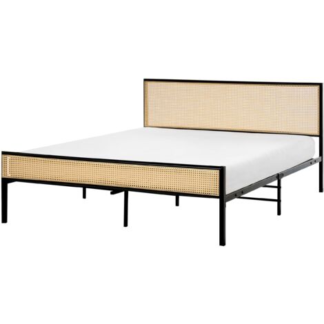 Cadre de lit Double Moderne Sommier à Lattes 160 x 200 cm Tête de Lit Polyrotin Tresse Viennoise Cadre Métal Noir Avanton (1/5)