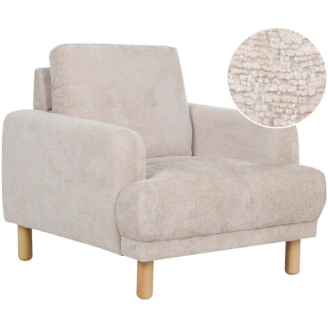 Fauteuil Rétro Minimaliste en Bouclé Rembourré Pieds en Bois Assise Epaisse Beige Tuve (1/5)