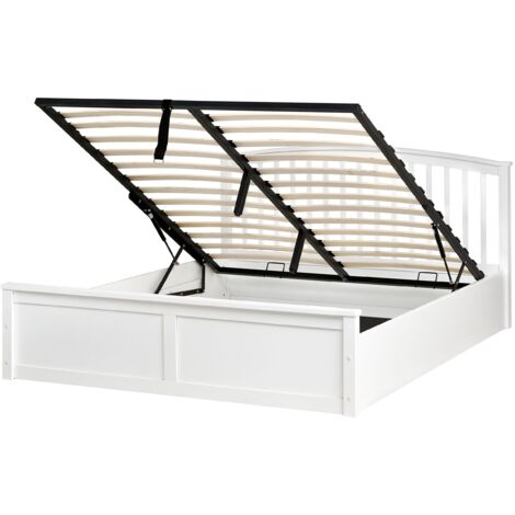 Lit Ottoman en Bois de Pin 160 x 200 cm avec Cadre Relevable Rangement Meuble Chambre à Coucher Blanc Clarbec (1/5)