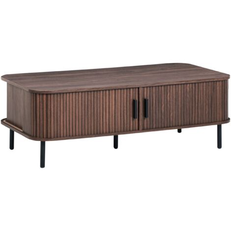 Table Basse Retro en MDF 120 x 60 cm Pieds en Métal Espace de Rangement Porte Coulissante Marron Foncé Bradley (1/5)
