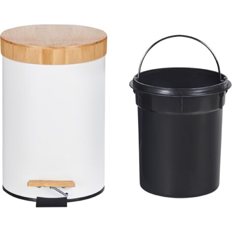 Lot De 2 Poubelles De Salle De Bains 5,5 L Plastique, Couvercle En Bambou Moderne 26 5x18 Cm Blanches 98371681