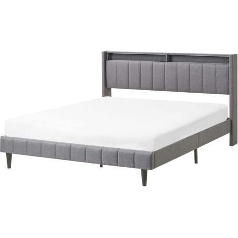 Lit Moderne en Tissu 160 x 200 cm avec Tête de Lit de Rangement Éclairage LED Port USB Gris Foncé Beaulieu (1/5)