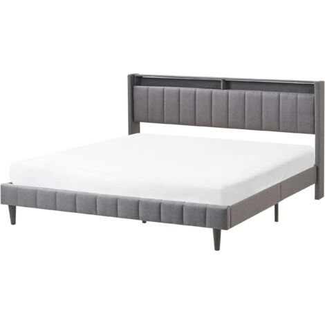 Lit Moderne en Tissu 180 x 200 cm avec Tête de Lit de Rangement Éclairage LED Port USB Gris Foncé Beaulieu (1/5)