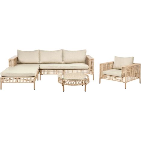 Ensemble de Salon à Droite de Jardin 4 Places en Rotin PE avec Coussins Table Basse et Fauteuil Beige Calasetta (1/5)