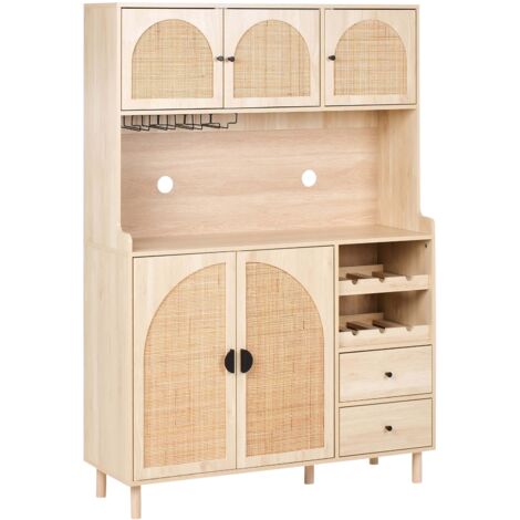 Beliani – Armoire vitrine en bois d'ingénierie et rotin – 5 portes, 2 tiroirs, étagères – Style cottage marron clair – Rangement pratique pour cuisine