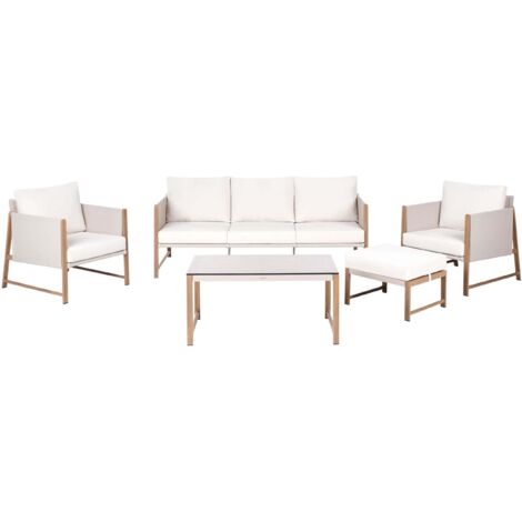 Ensemble de Jardin Canapé 5 Places Moderne Cadre en Métal avec Table Finition Bois et Ottoman Pouf Coussins Beige Clair Nola (1/5)