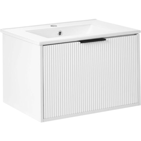 Meuble Sous-Vasque avec Lavabo en Bois d'Ingénierie 60 cm Rangement Salle de Bain avec Poignée Noire Blanc Tilcara (1/5)