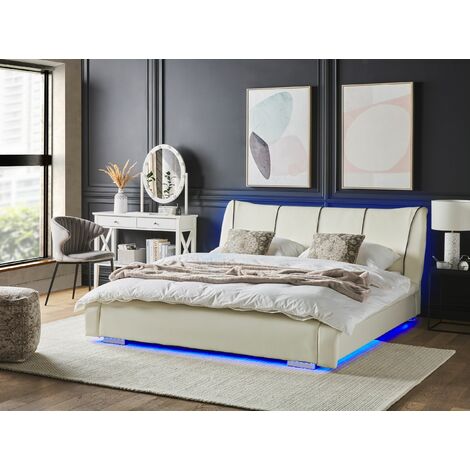 Lit double pour adulte PINOT avec sommier 140x190 cm 2 places 2 personnes,  tête de lit avec LED intégrées, en synthétique blanc IDIMEX Pas Cher 