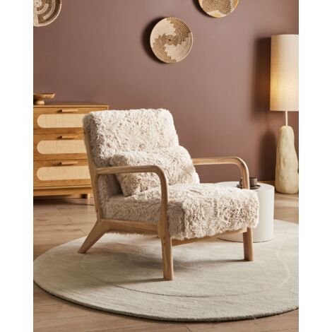 Tabouret pouf. pieds en bois d'hévéa et tissu bouclette. blanc | Leroy