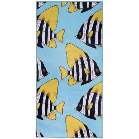Tapis Rectangulaire Bleu Jaune et Noir en Polyester Motif Poissons pour Chambre d'Enfant ou Salle de Jeu Moderne 80 x 140 cm Beliani (1/5)