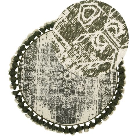 Tapis Rond Design Vieilli avec Pompons 120 cm en Coton Blanc Crème et Vert Kahta