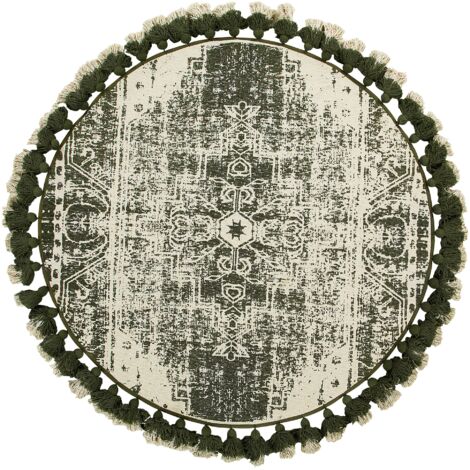 Tapis Rond Design Vieilli avec Pompons 120 cm en Coton Blanc Crème et Vert Kahta