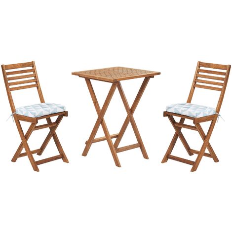 Table et 2 chaises de jardin en bois avec coussins bleu et blanc FIJI
