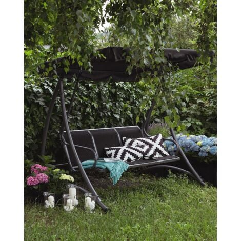 Balancelle de Jardin en Acier et Tissu Noir Baldaquin Réglable Résistant Bogart