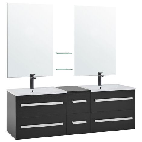 Meuble double vasque à tiroirs miroir inclus noir MADRID - Noir