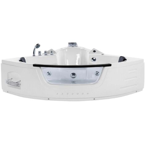 Bain à Remous Baignoire Balnéo d'Angle Moderne en Acrylique Blanc 144 cm avec Hydromassage et Lumière LED et Surface Vitrée pour 2 Personnes Beliani
