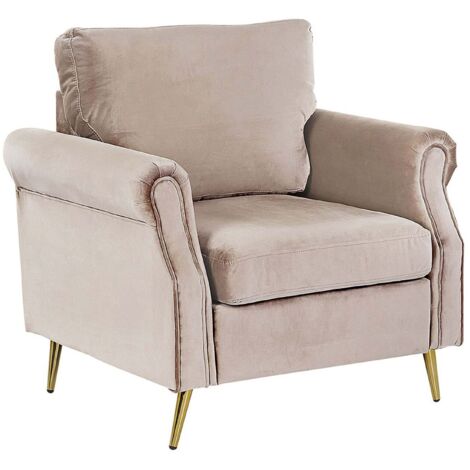 Beliani – Fauteuil relax en velours taupe – Pieds en acier doré – Confort optimal avec rembourrage en mousse – Dimensions 85x67x90 cm (1/5)