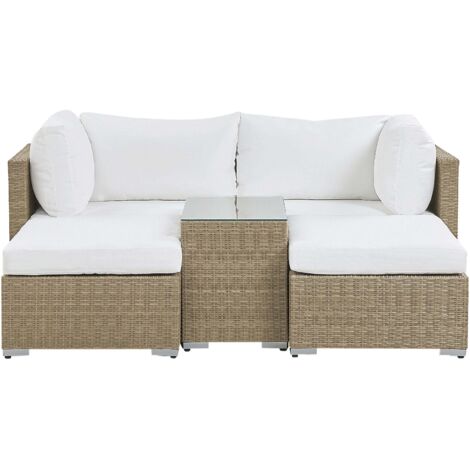 Mini Salon de Jardin Modulable 2 places en Rotin Marron Clair avec Coussins en Tissu Blanc Cassé Ensemble Elégant pour Terrasse ou Balcon Beliani (1/5)
