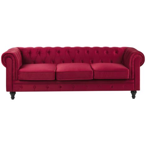 Canapé 3 Places en Velours Rouge Assise Rembourrée Large Dossier Points Chesterfield